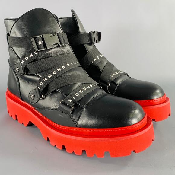 JOHN RICHMOND Size 13 Black Red Solid Leather Track Sole Boots - Picture 1 of 11